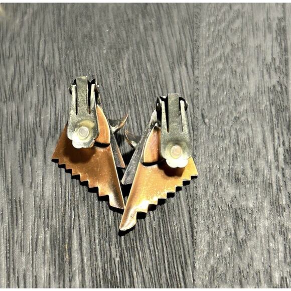 Vintage Copper Earrings Clip On Art Deco Statement Modern Wings Geometric - Picture 3 of 8